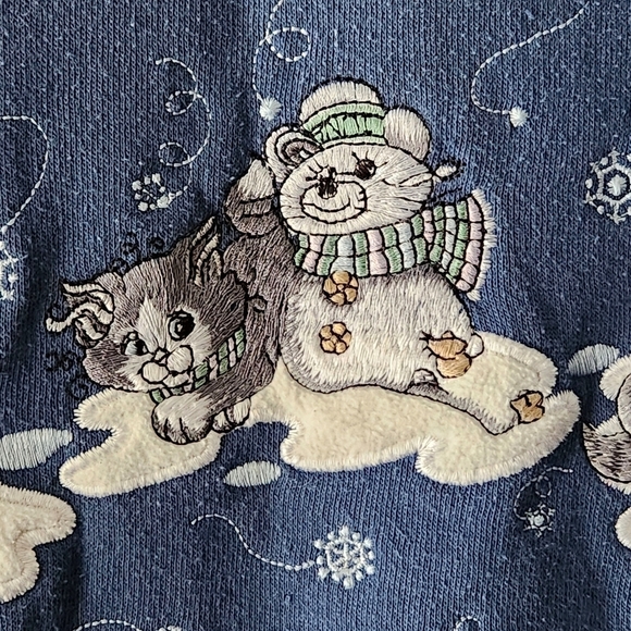 Y2K Cottagecore Cat Sweatshirt Vintage 90s Blue Embroidered Winter Pullover Sz S - Picture 5 of 10
